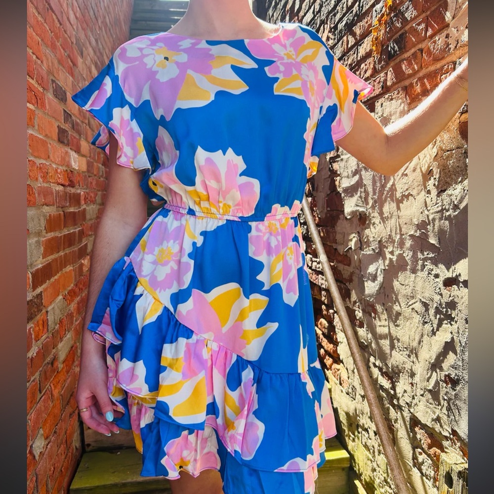 Umgee Medium Blue Floral Tiered Summer Dress